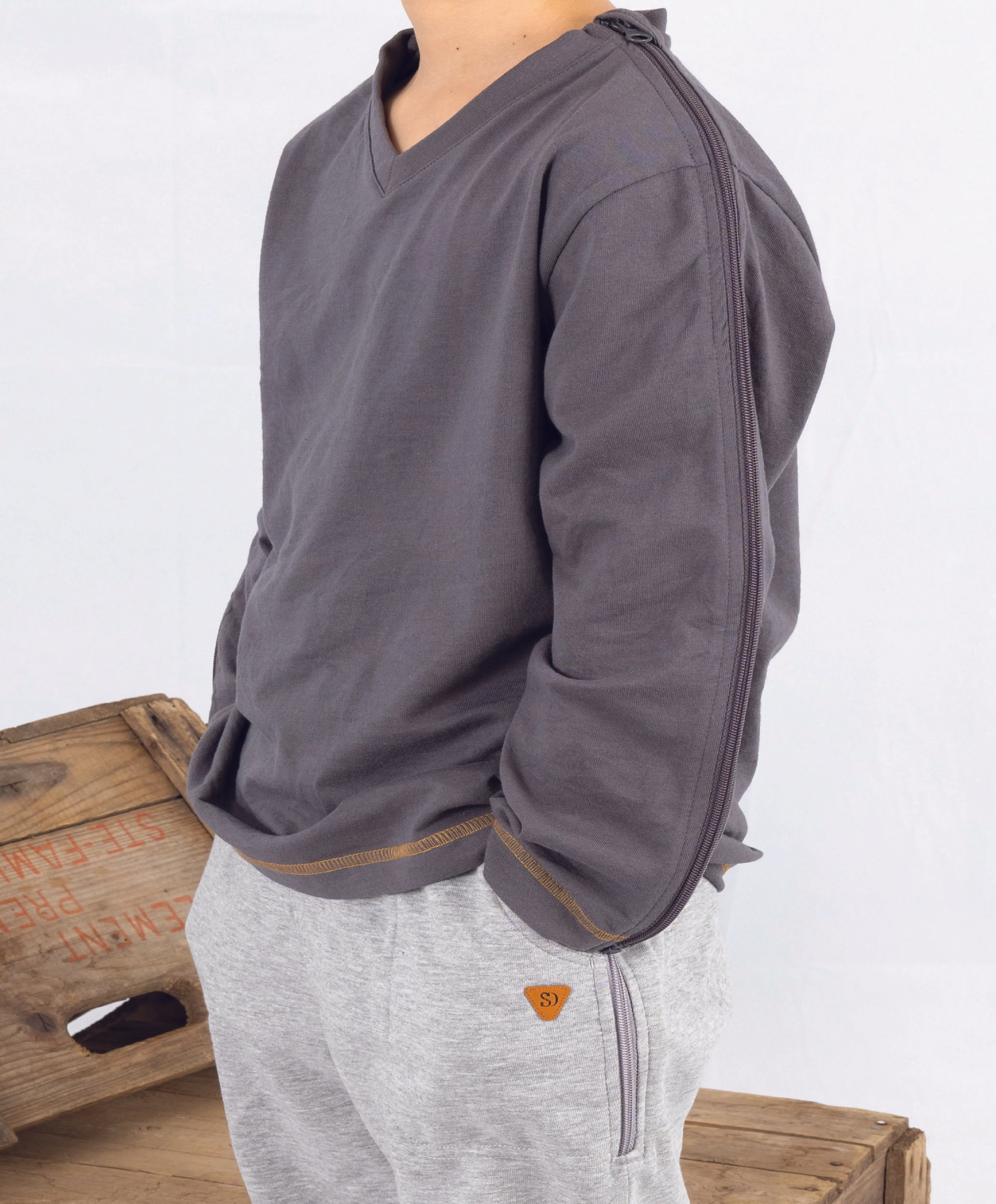 Adaptive Kids Long Sleeve V-Neck Top: Full Shoulder Zipper for Easy Undressing