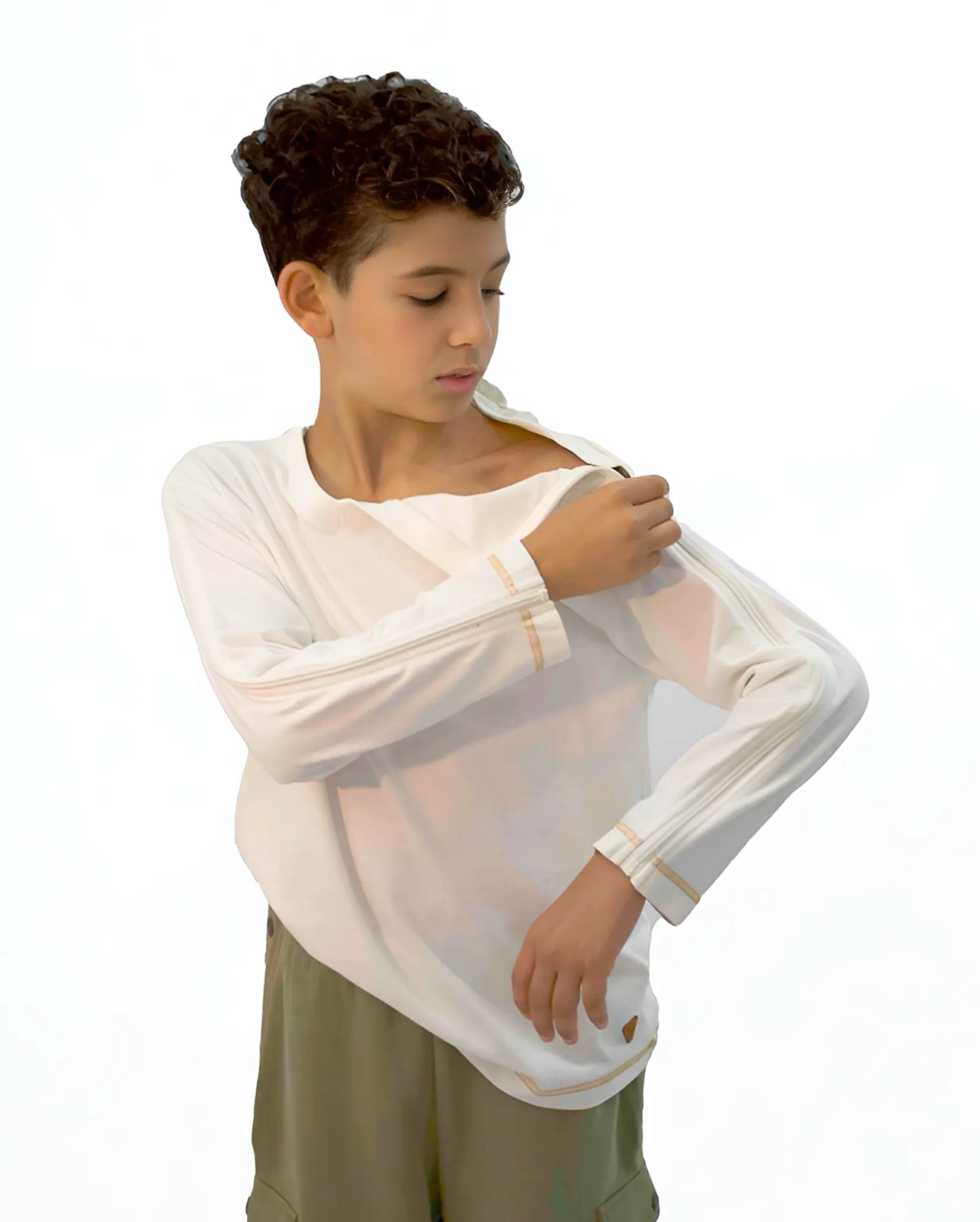 Adaptive Kids Long Sleeve V-Neck Top: Full Shoulder Zipper for Easy Undressing