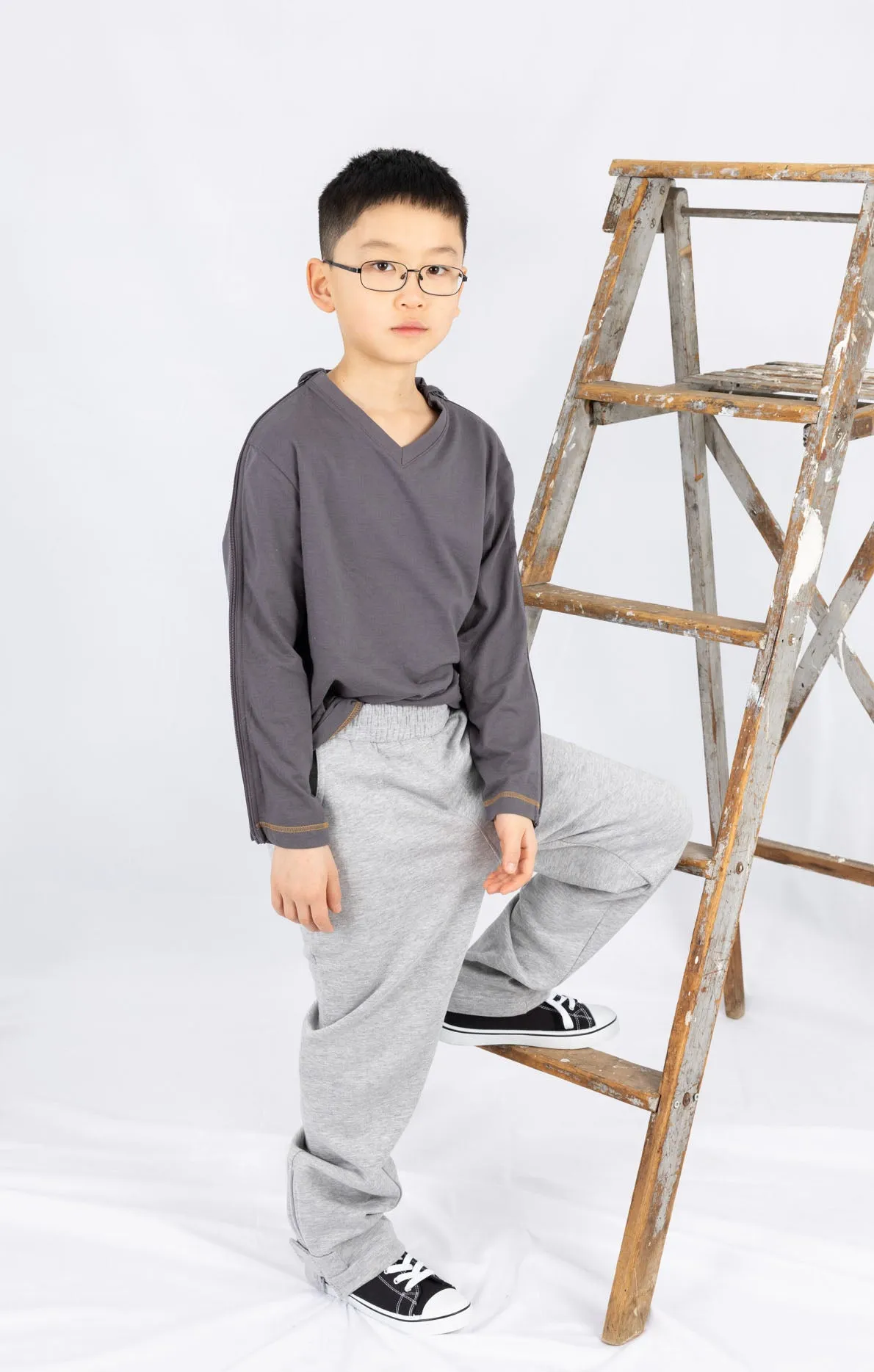 Adaptive Kids Long Sleeve V-Neck Top: Full Shoulder Zipper for Easy Undressing
