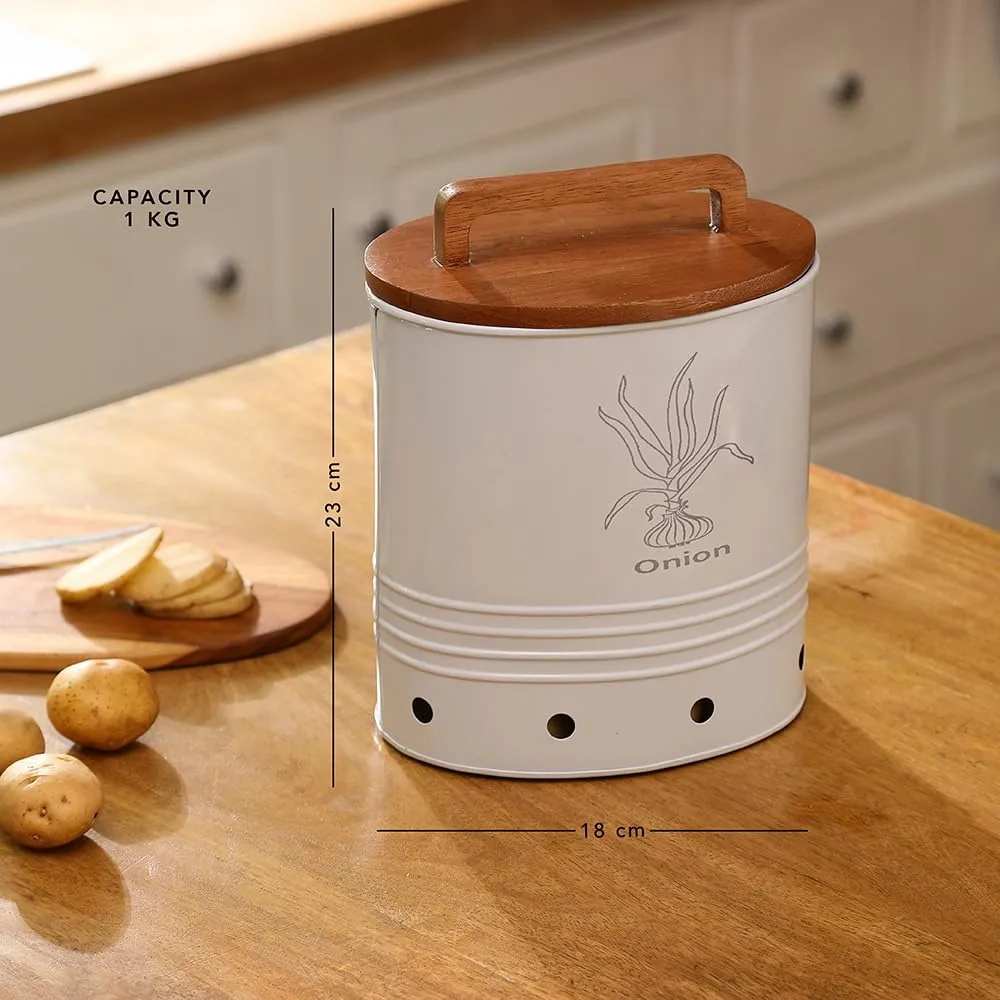 Ellementry Canny Onion Storage Barrel With Wooden Lid(1000 gm) |Kitchen Storage Container | Kitchen Accessories Items| Storage Organizer | Kitchen Organizer | Multipurpose Storage Container
