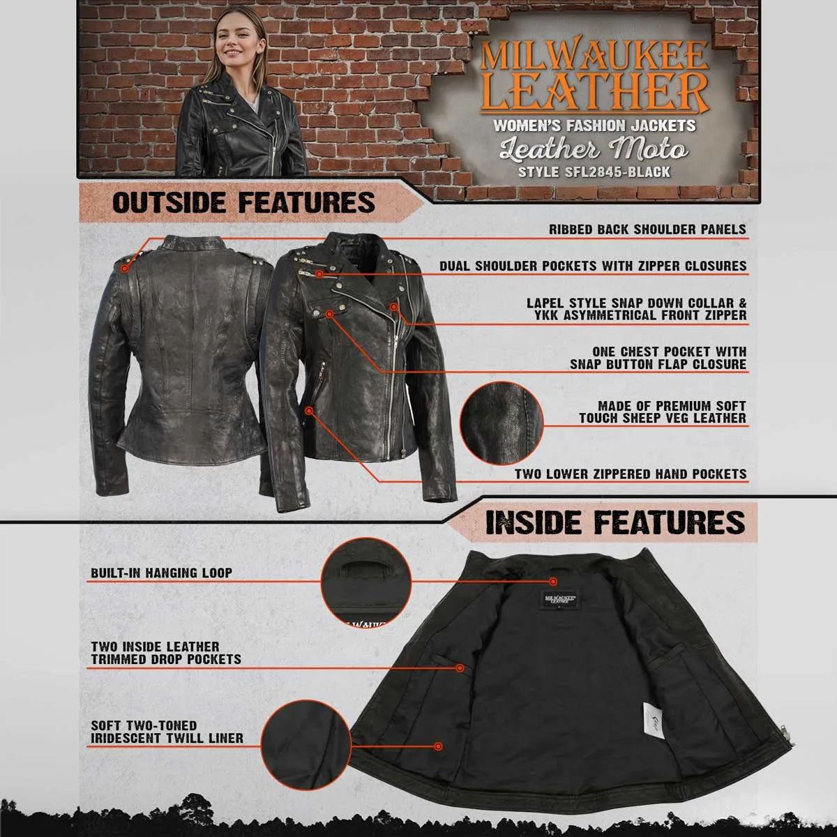 Milwaukee Leather Women's Black Leather Motorcycle Style Fashion