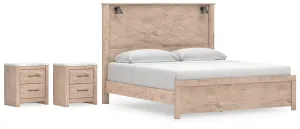 Senniberg King Panel Bed with 2 Nightstands in Light Brown/White
